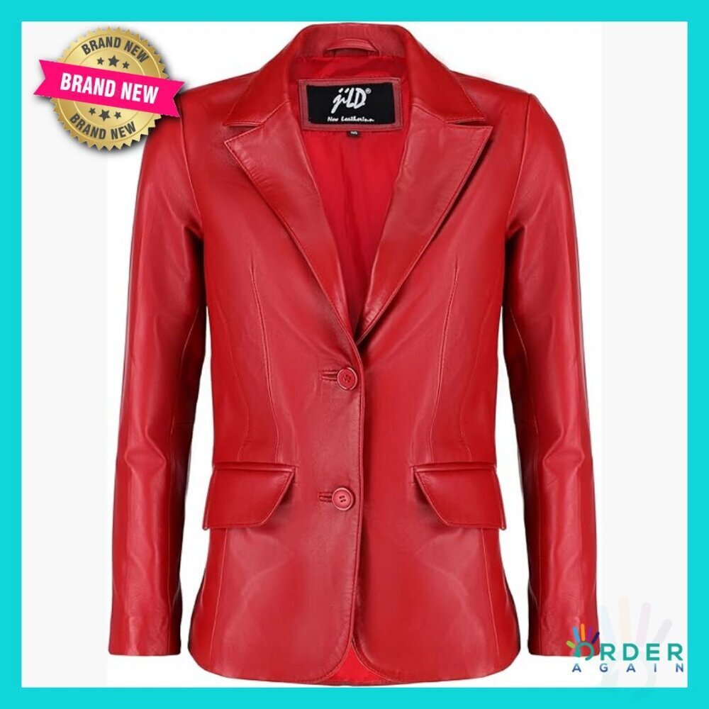 Classic Lambskin Leather Blazer Elegant Notch Lapel Long Sleeve Professional